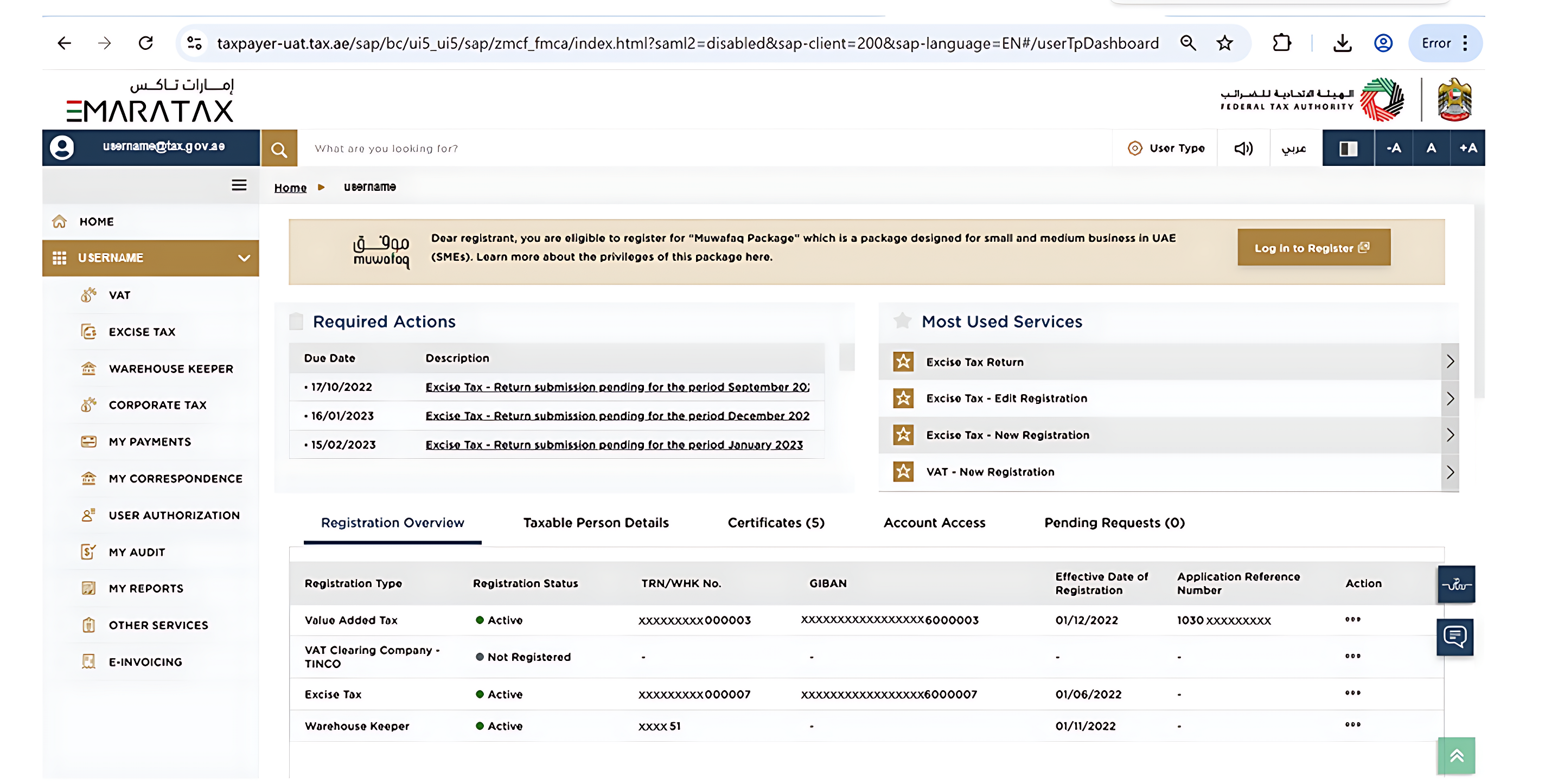 Screenshot of FTA EmaraTax system - onboarding initiation screen for Accredited Service Provider (ASP) (Section 13)