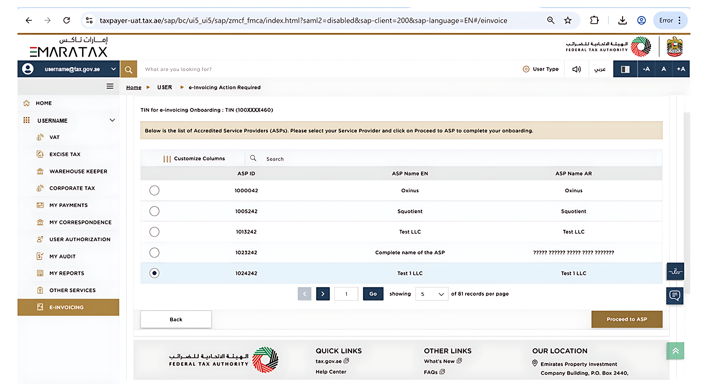 Screenshot of FTA EmaraTax system - ASP onboarding process continuation screen (Section 13)