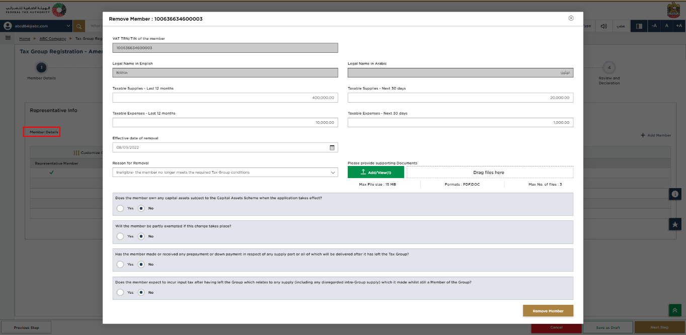 Removing a member from a registered Tax Group in the Tax Group Amendment Form