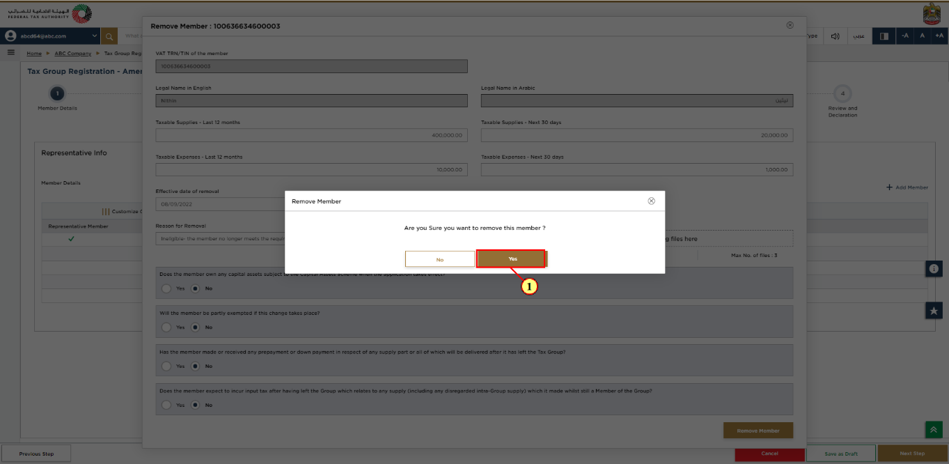 Removing a member from a registered Tax Group in the Tax Group Amendment Form