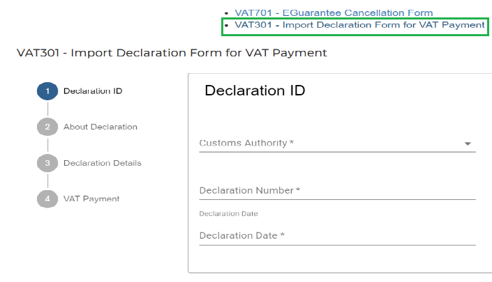 Login to FTA portal and complete the VAT Import Declaration form